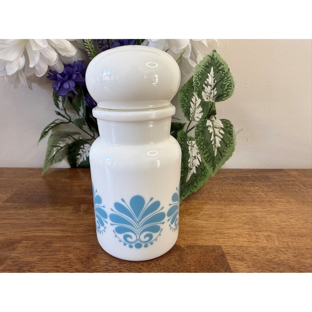 Vintage Belgium Milk Glass Canister Jar Blue Retro Floral Mod 1960s Kitchen